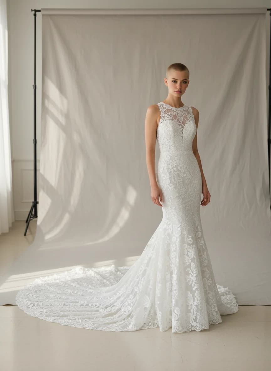 Trumpet dress with Cathedral Train and High Neckline neckline