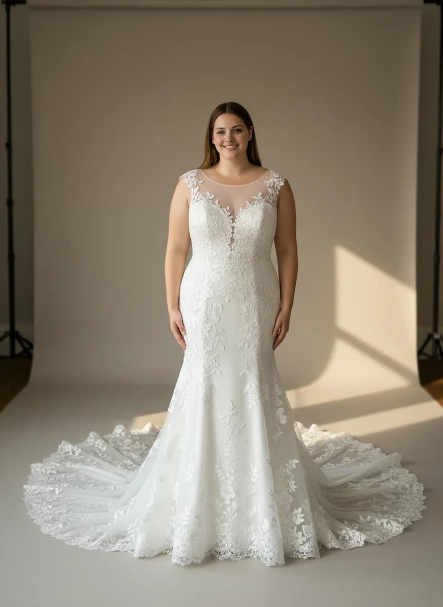 Trumpet dress with Cathedral Train and Illusion neckline