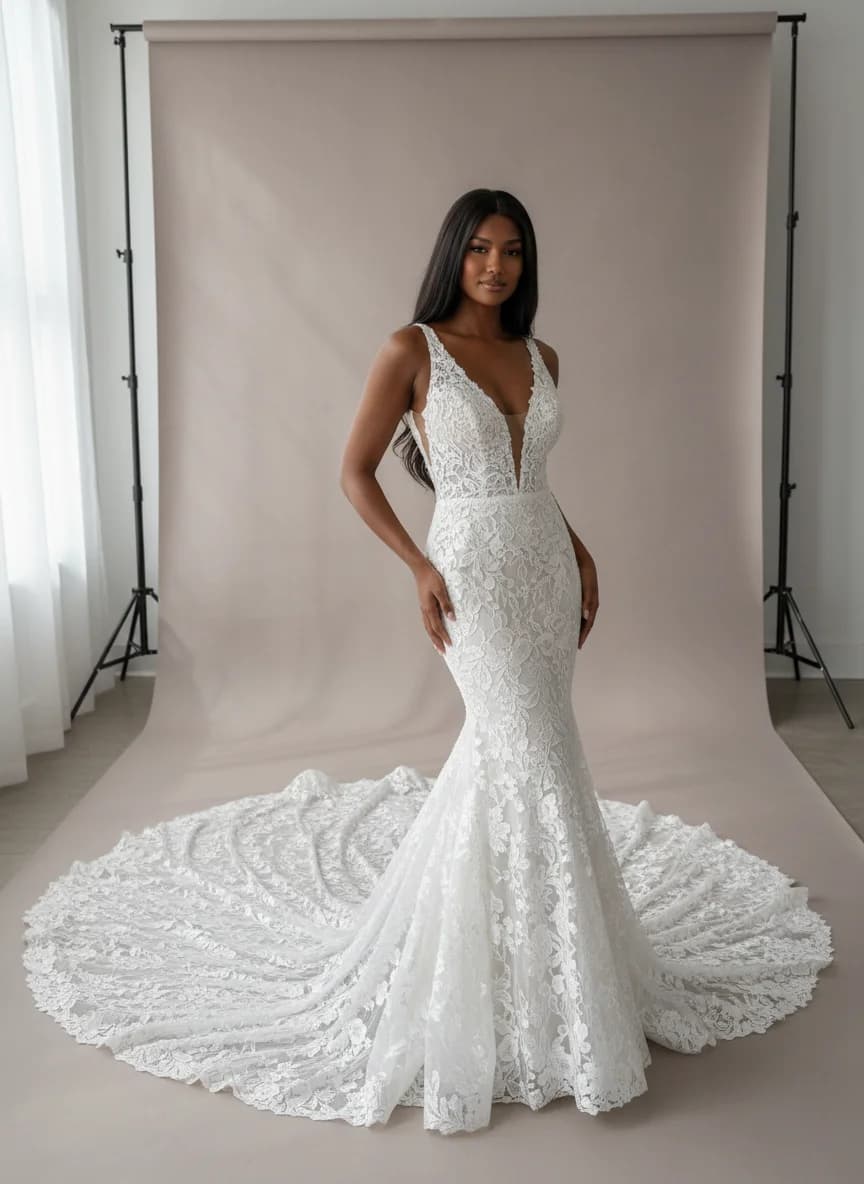 Trumpet dress with Cathedral Train and Plunge neckline