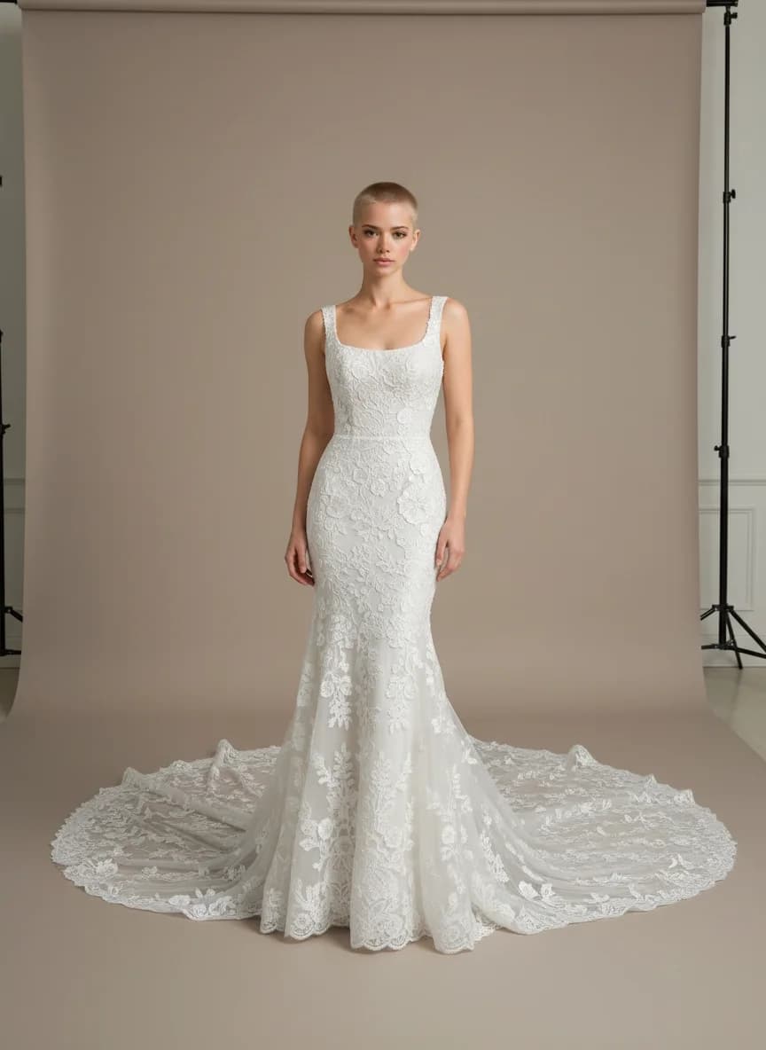 Trumpet dress with Cathedral Train and Square neckline