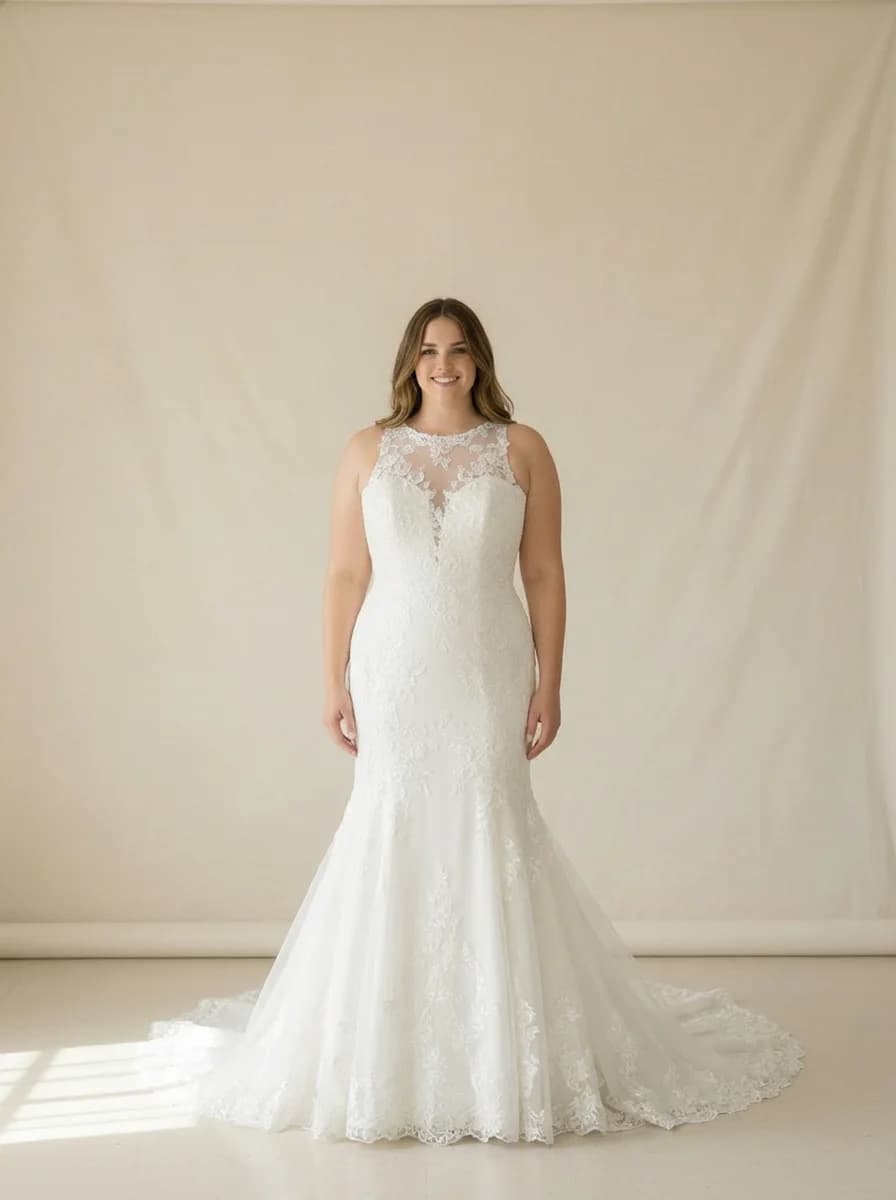 Trumpet dress with Chapel Train and High Neckline neckline
