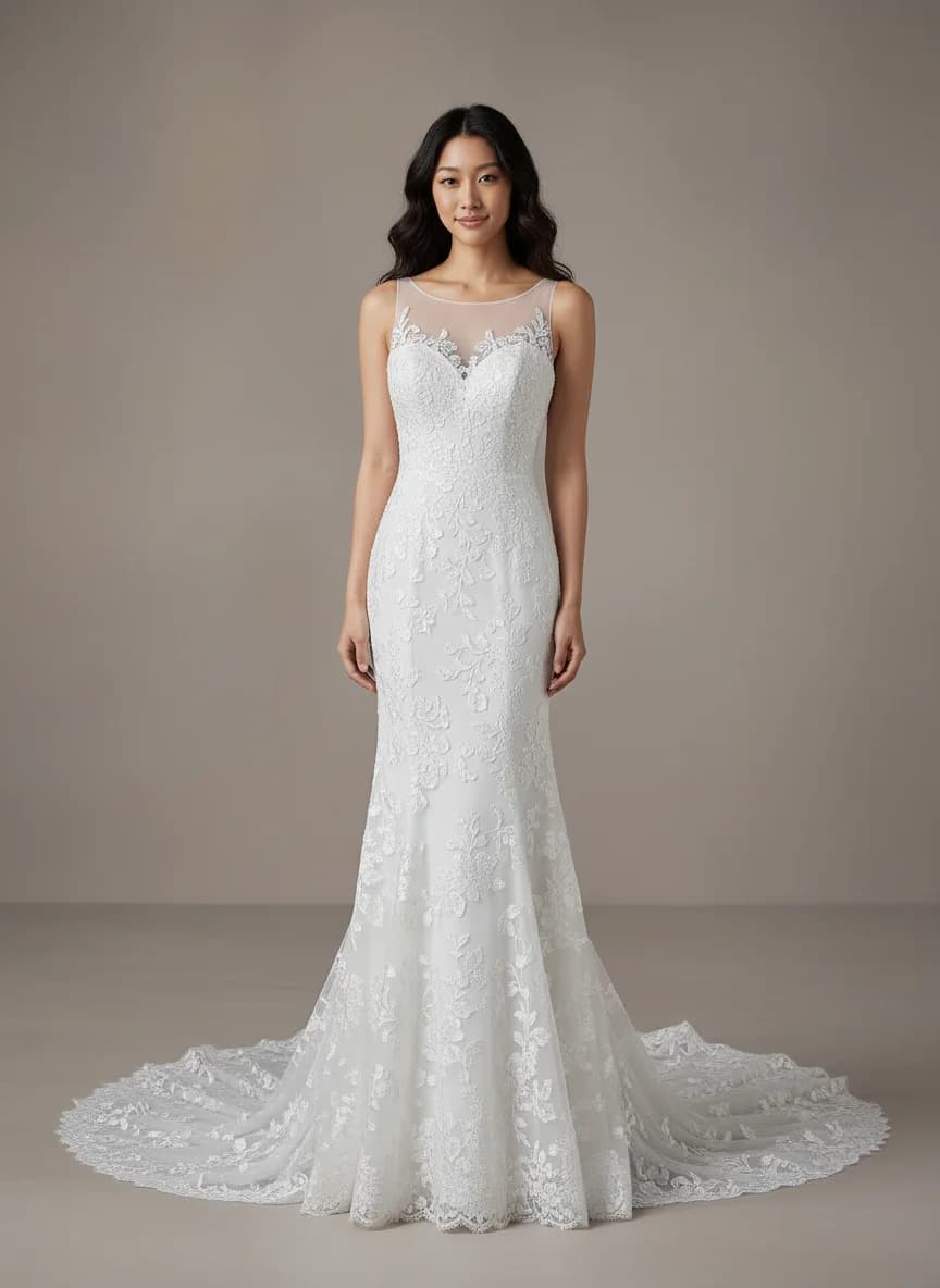 Trumpet dress with Chapel Train and Illusion neckline