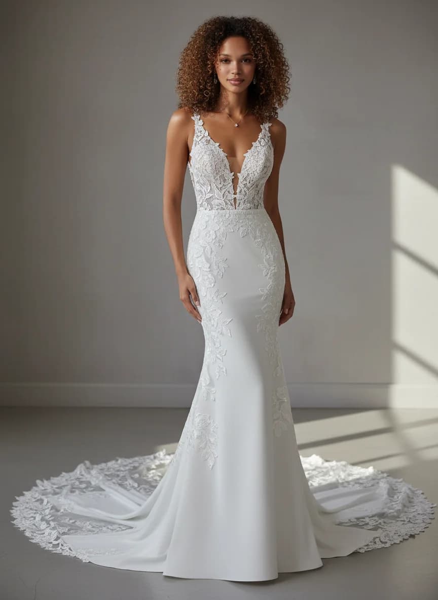 Trumpet dress with Chapel Train and Plunge neckline