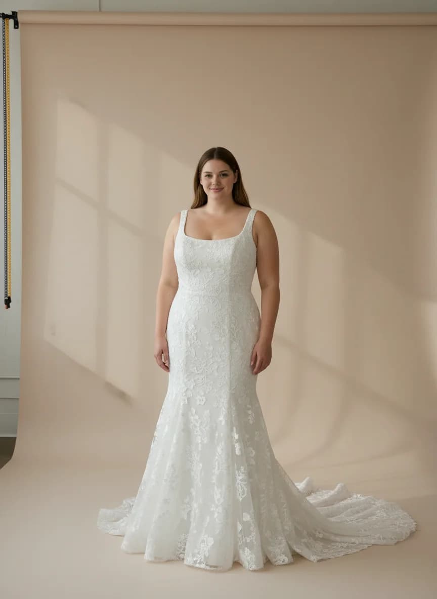 Trumpet dress with Chapel Train and Square neckline