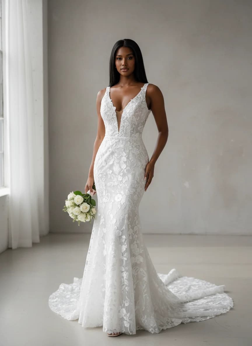 Trumpet dress with Sweep Train and Plunge neckline