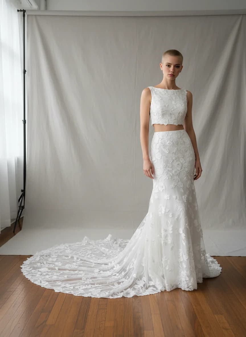 Two Piece dress with Cathedral Train and Boat Neck neckline