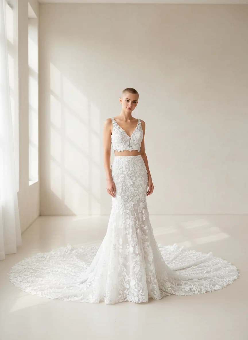 Two Piece dress with Cathedral Train and V-Neck neckline