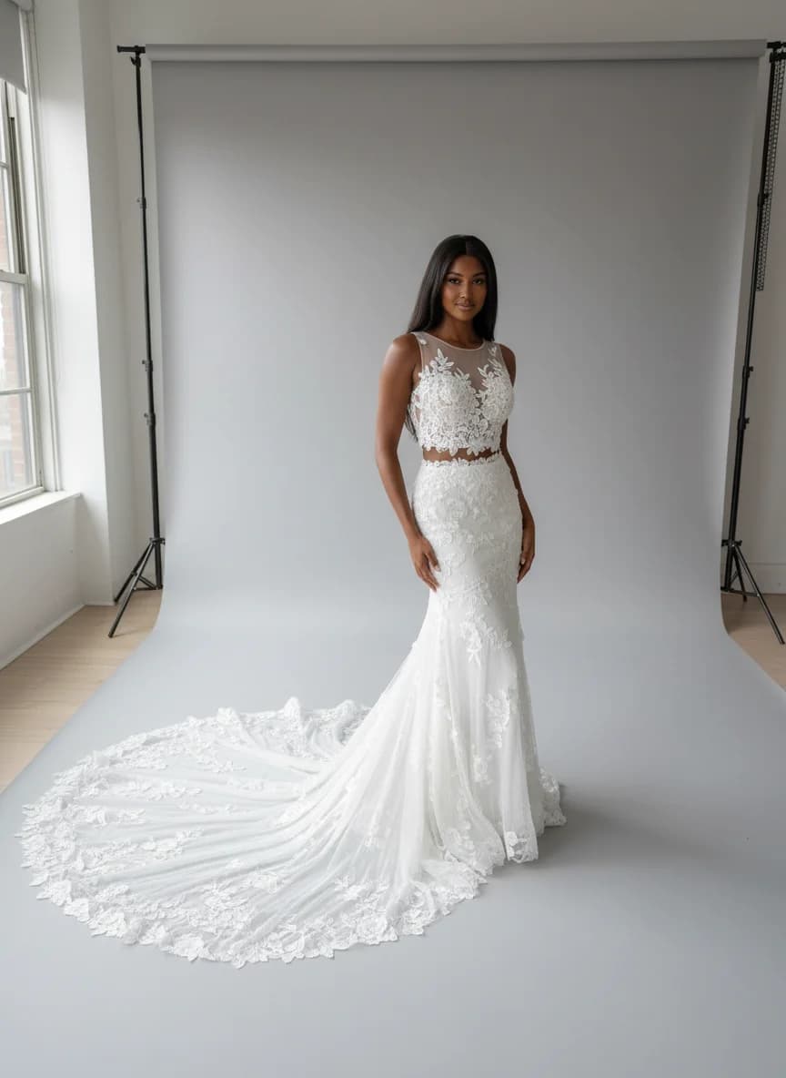 Two Piece dress with Cathedral Train and Illusion neckline