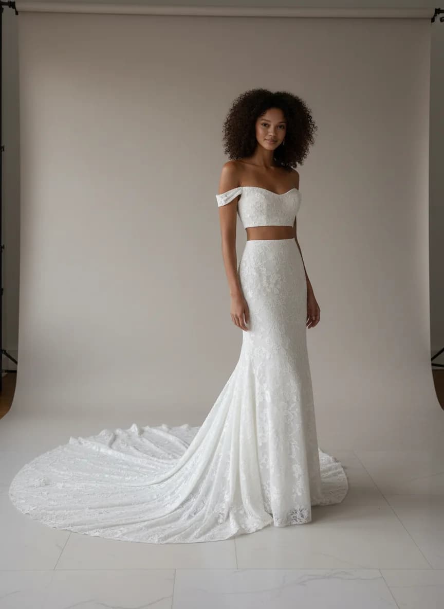 Two Piece dress with Cathedral Train and Off Shoulder neckline