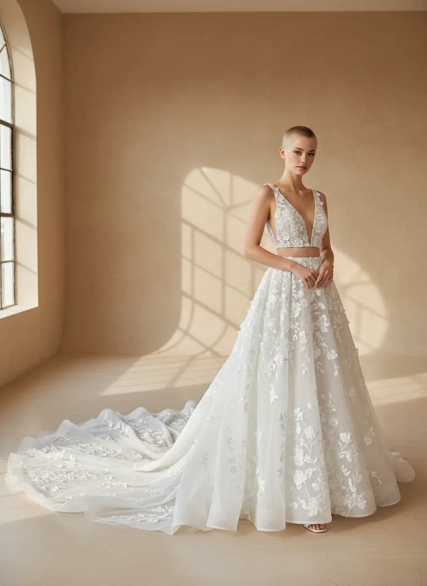 Two Piece dress with Cathedral Train and Plunge neckline