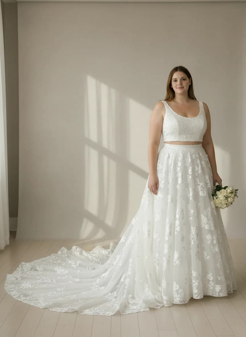 Two Piece dress with Cathedral Train and Scoop neckline