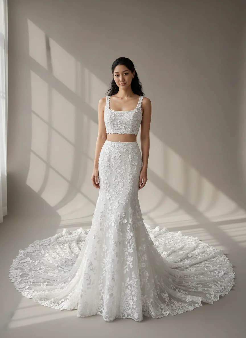 Two Piece dress with Cathedral Train and Square neckline