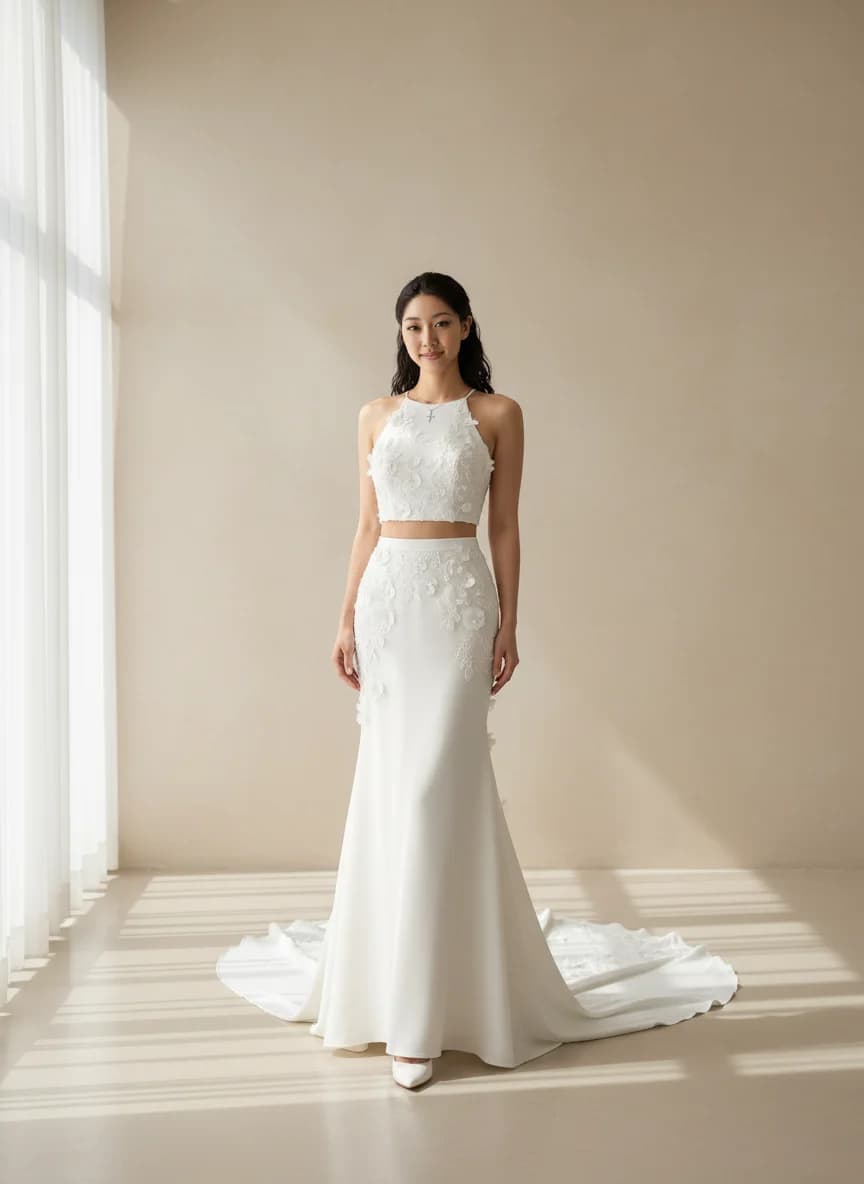 Two Piece dress with Chapel Train and Halter neckline