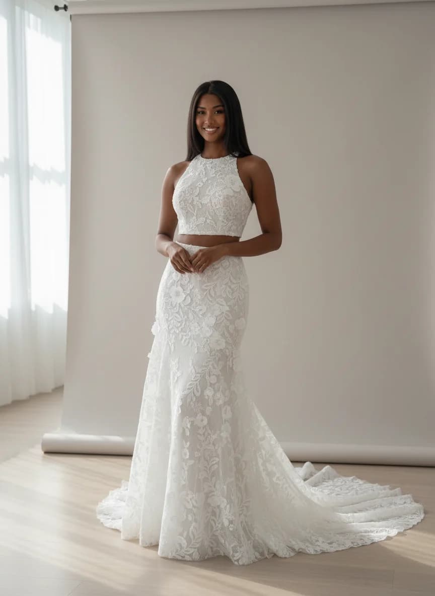 Two Piece dress with Chapel Train and High Neckline neckline