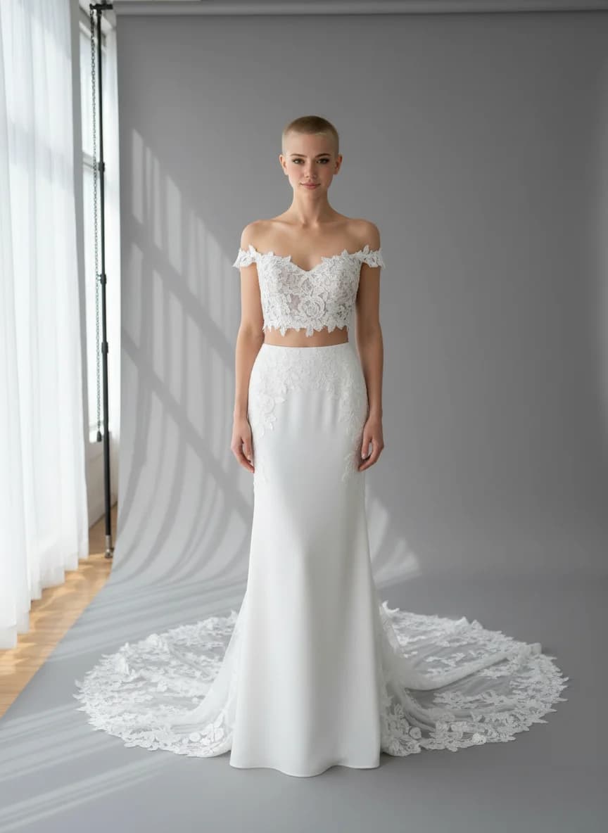 Two Piece dress with Chapel Train and Off Shoulder neckline