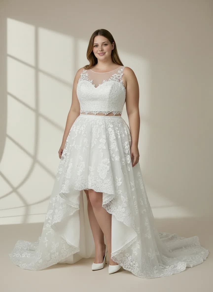 Two Piece dress with High-Low and Illusion neckline