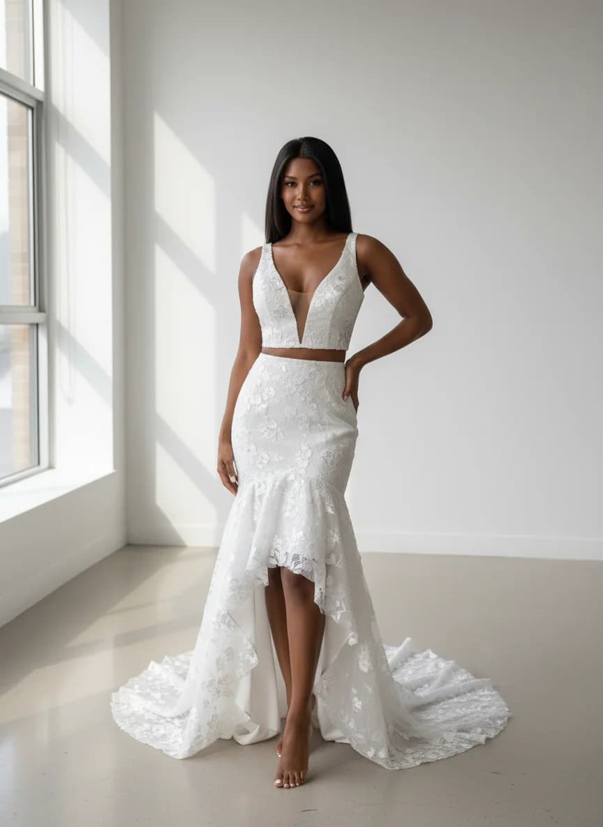 Two Piece dress with High-Low and Plunge neckline