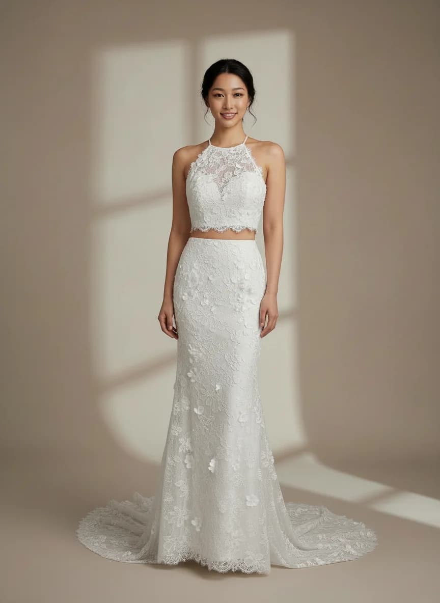 Two Piece dress with Sweep Train and Halter neckline