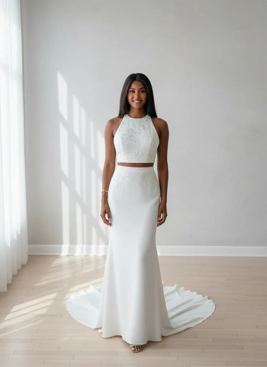 Two Piece dress with Sweep Train and High Neckline neckline