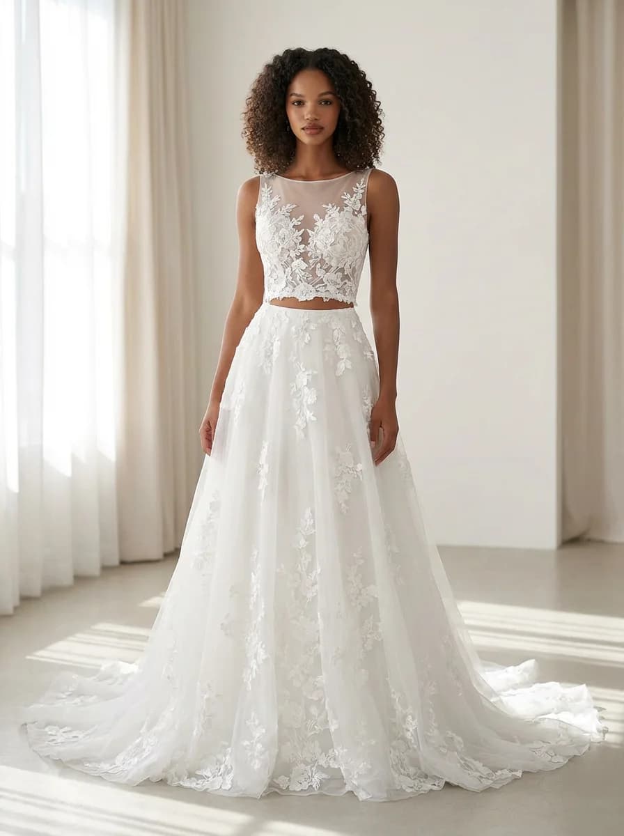 Two Piece dress with Sweep Train and Illusion neckline