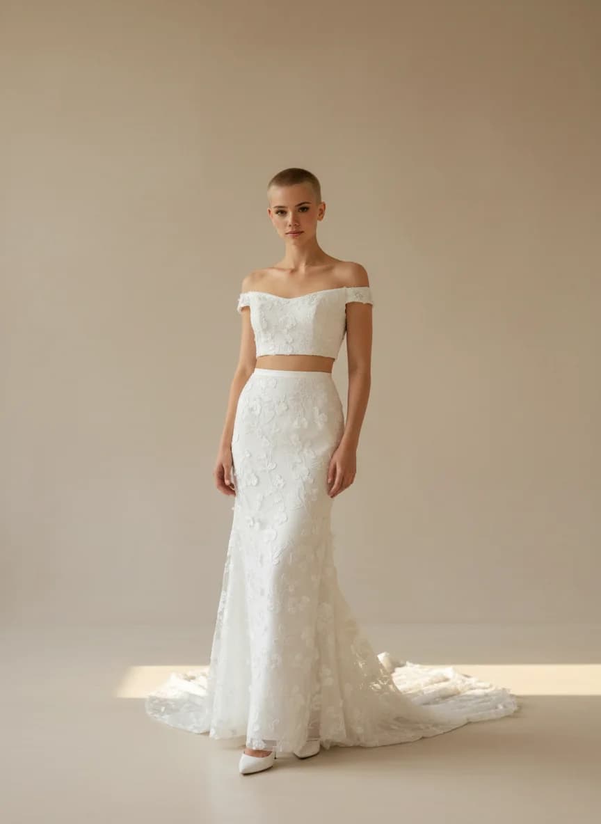 Two Piece dress with Sweep Train and Off Shoulder neckline