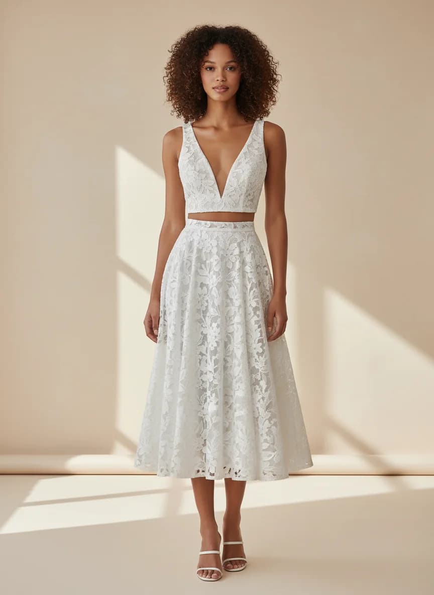 Two Piece dress with Tea Length and V-Neck neckline