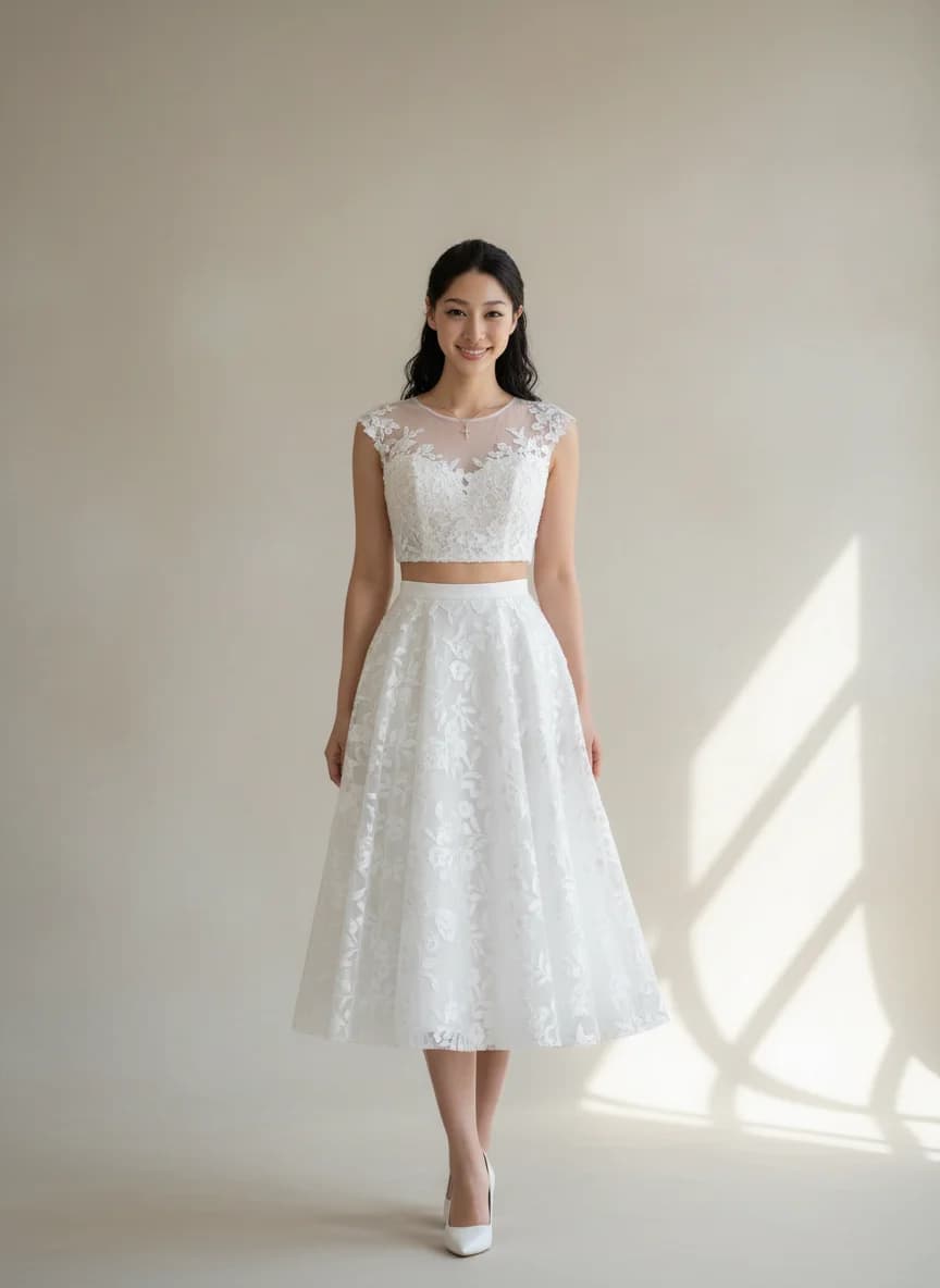 Two Piece dress with Tea Length and Illusion neckline