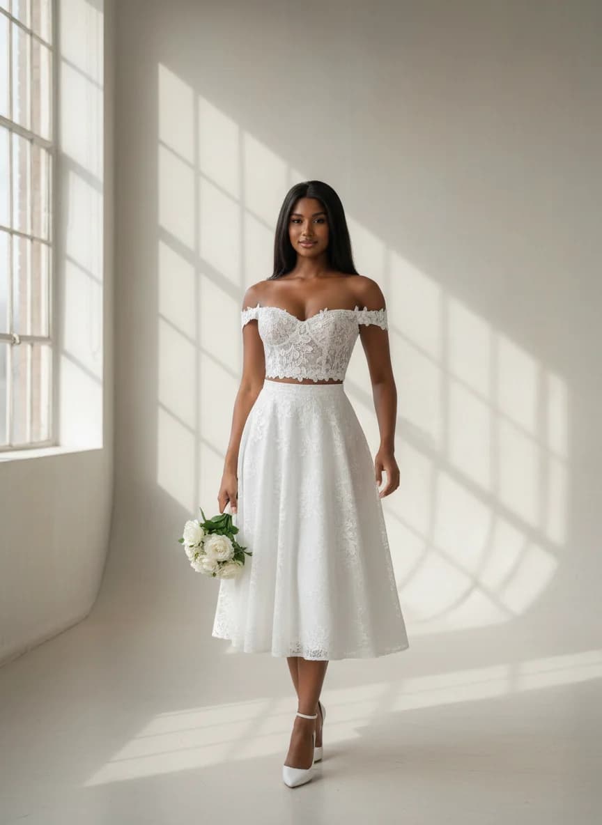 Two Piece dress with Tea Length and Off Shoulder neckline