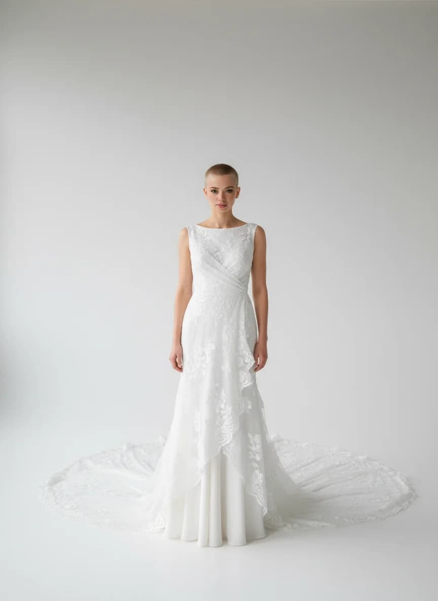 Wrap & Asymmetric dress with Cathedral Train and Boat Neck neckline