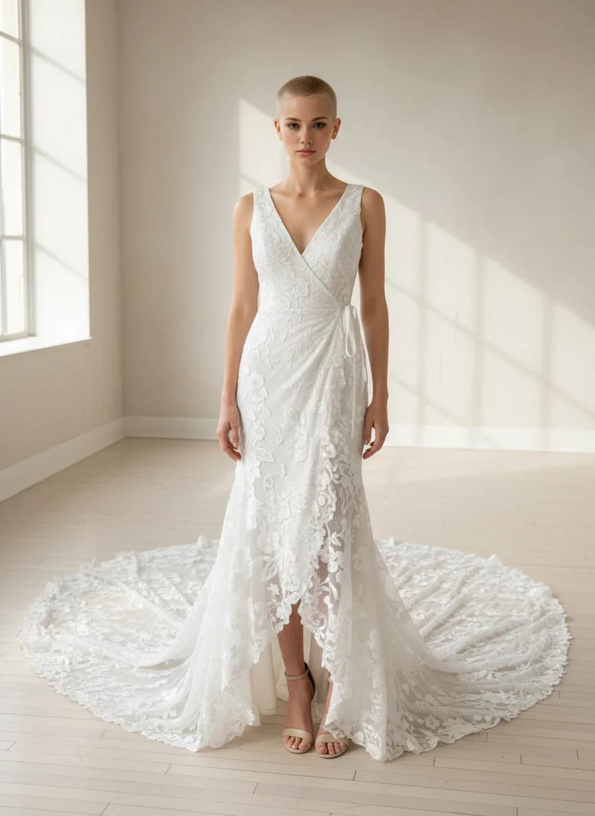 Wrap & Asymmetric dress with Cathedral Train and V-Neck neckline