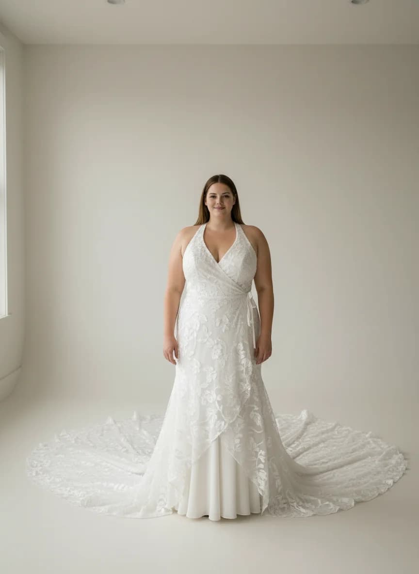 Wrap & Asymmetric dress with Cathedral Train and Halter neckline