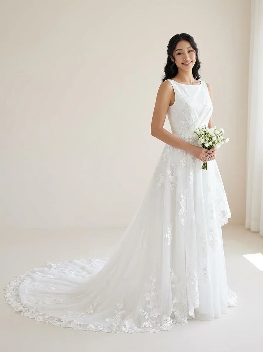 Wrap & Asymmetric dress with Cathedral Train and High Neckline neckline