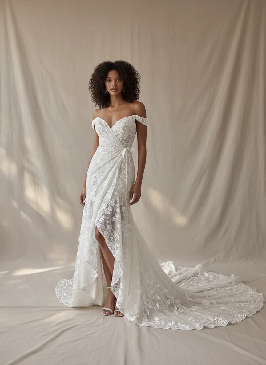 Wrap & Asymmetric dress with Cathedral Train and Off Shoulder neckline