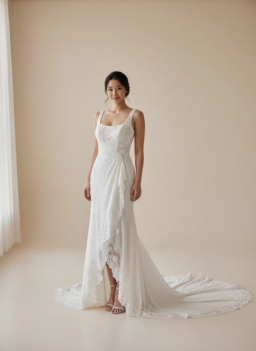 Wrap & Asymmetric dress with Cathedral Train and Square neckline