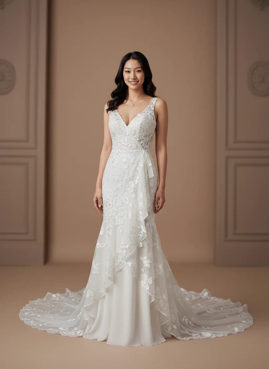 Wrap & Asymmetric dress with Chapel Train and Sweetheart neckline