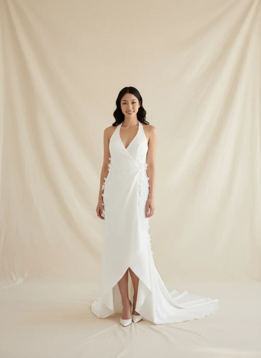 Wrap & Asymmetric dress with Chapel Train and Halter neckline