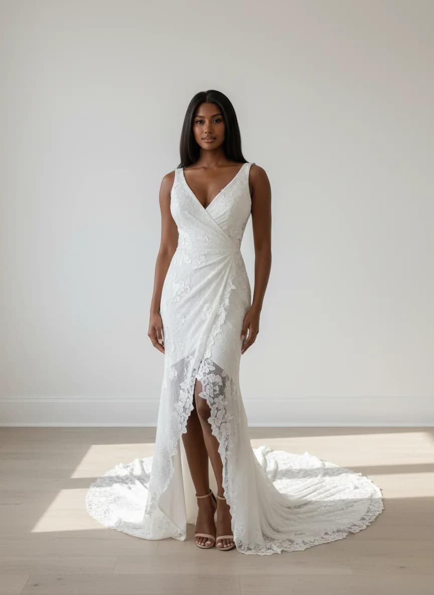 Wrap & Asymmetric dress with Chapel Train and High Neckline neckline