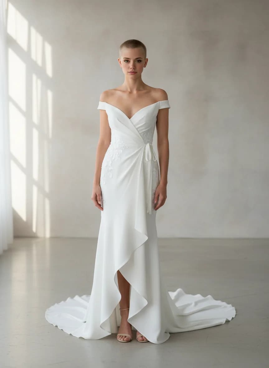 Wrap & Asymmetric dress with Chapel Train and Off Shoulder neckline