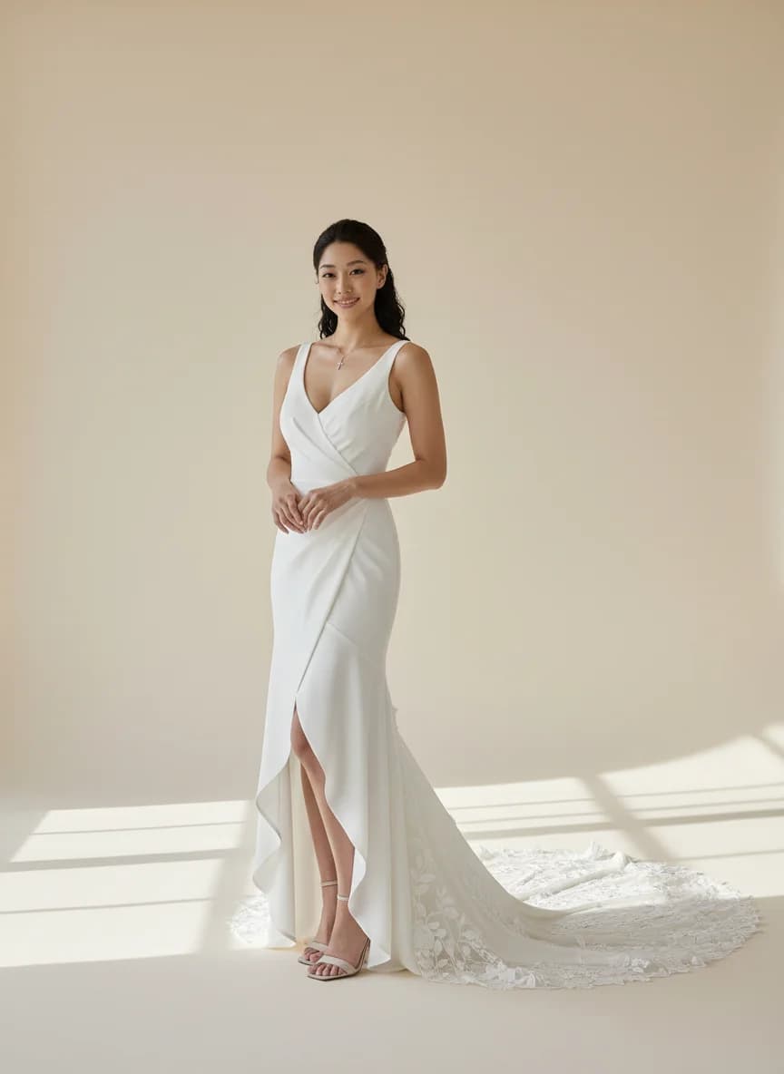 Wrap & Asymmetric dress with Chapel Train and Scoop neckline