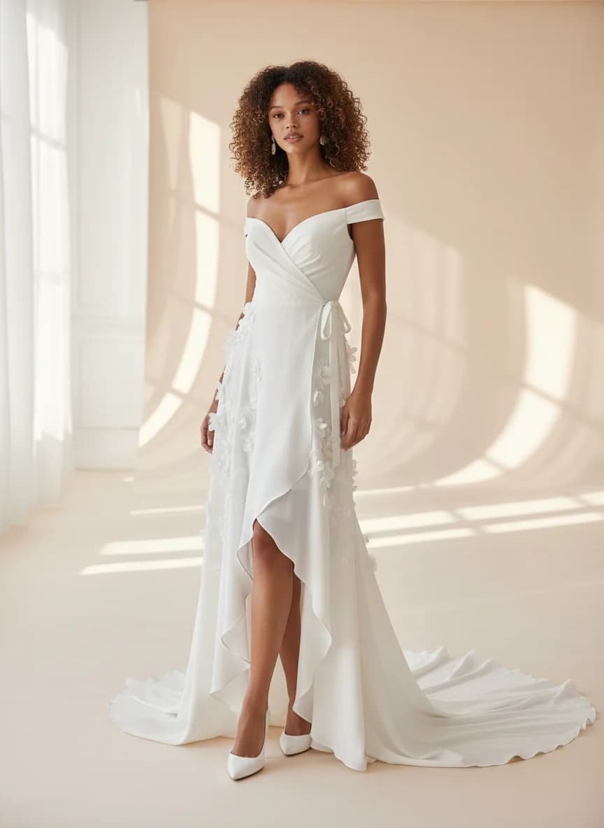 Wrap & Asymmetric dress with High-Low and Off Shoulder neckline