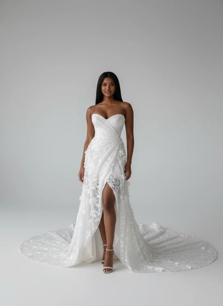 Wrap & Asymmetric dress with High-Low and Strapless neckline