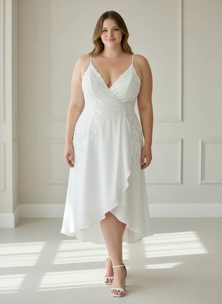 Wrap & Asymmetric dress with Knee Length and Plunge neckline