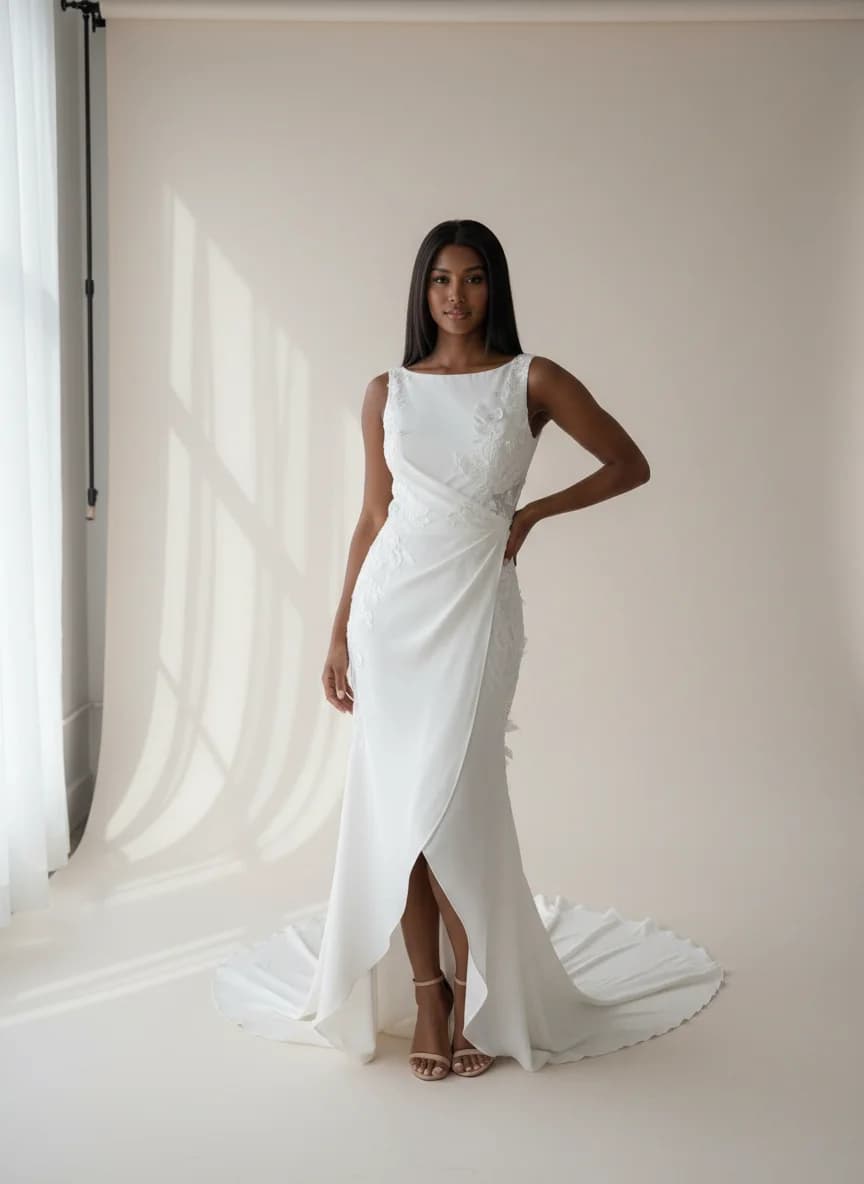 Wrap & Asymmetric dress with Sweep Train and Boat Neck neckline