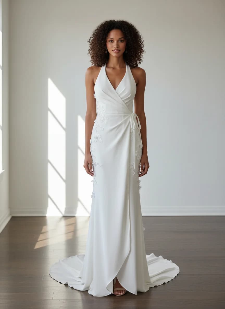 Wrap & Asymmetric dress with Sweep Train and Halter neckline