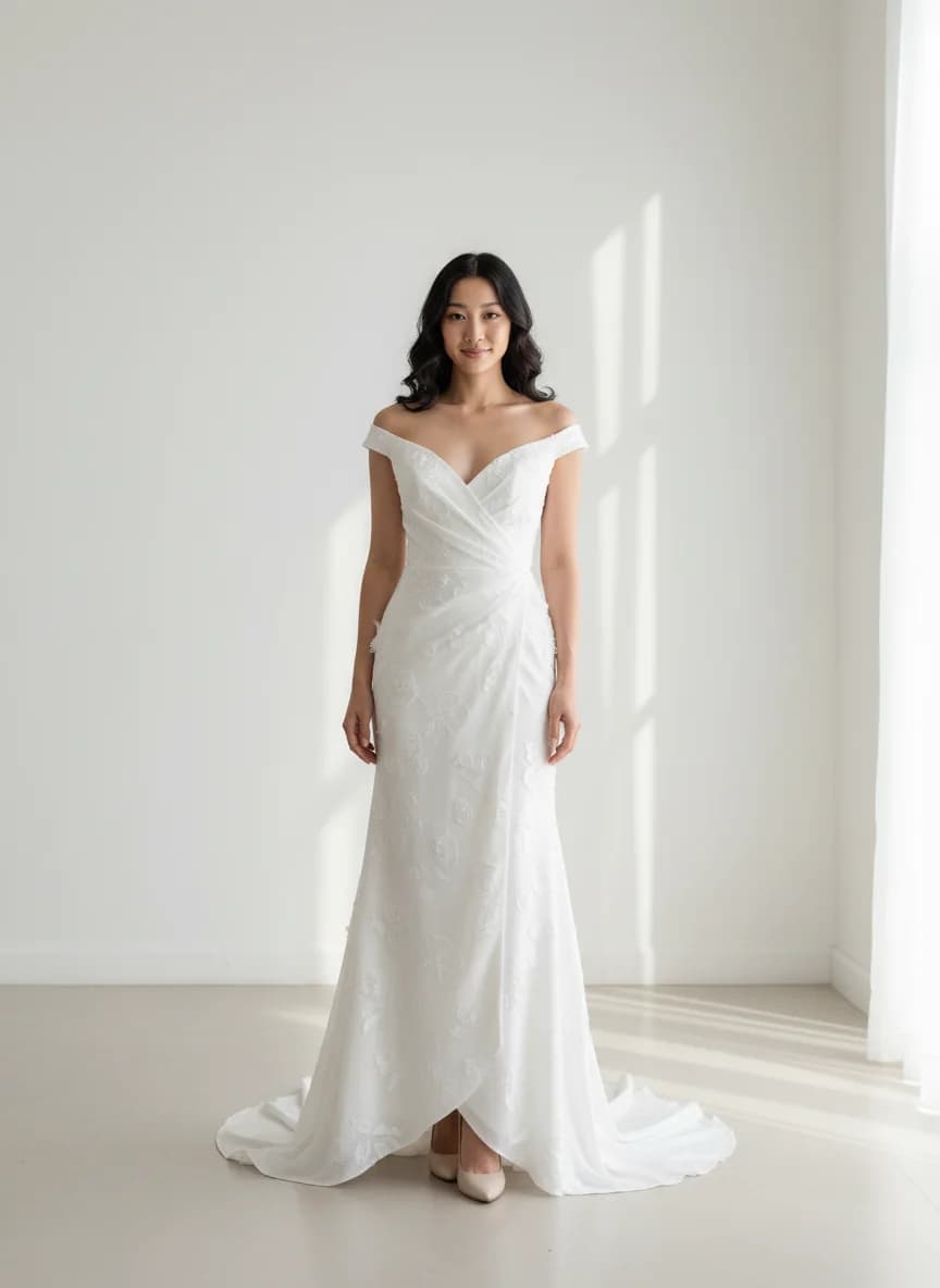 Wrap & Asymmetric dress with Sweep Train and Off Shoulder neckline