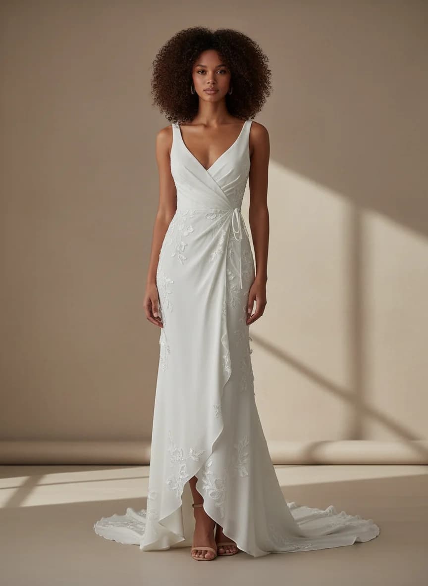 Wrap & Asymmetric dress with Sweep Train and Scoop neckline