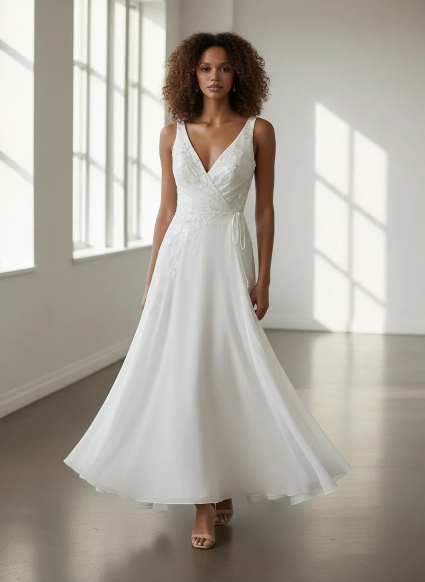 Wrap & Asymmetric dress with Tea Length and V-Neck neckline