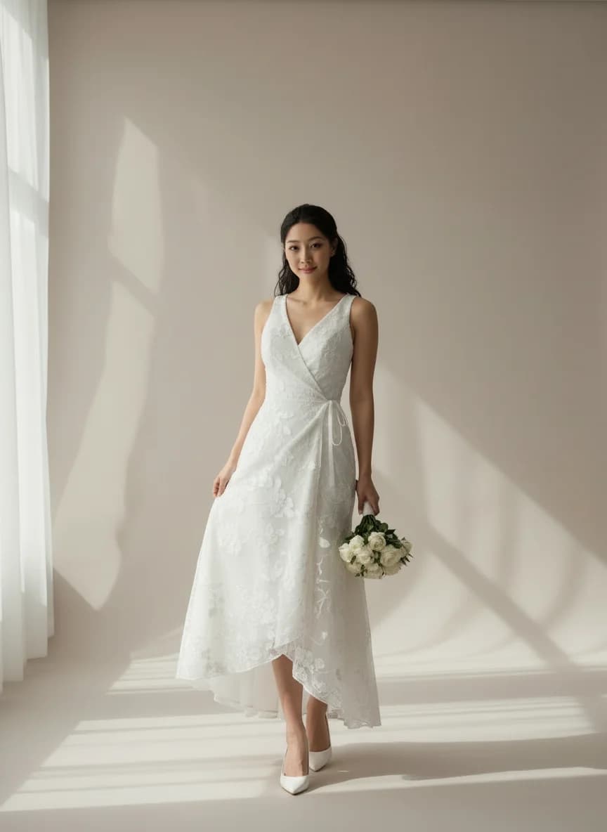 Wrap & Asymmetric dress with Tea Length and Illusion neckline