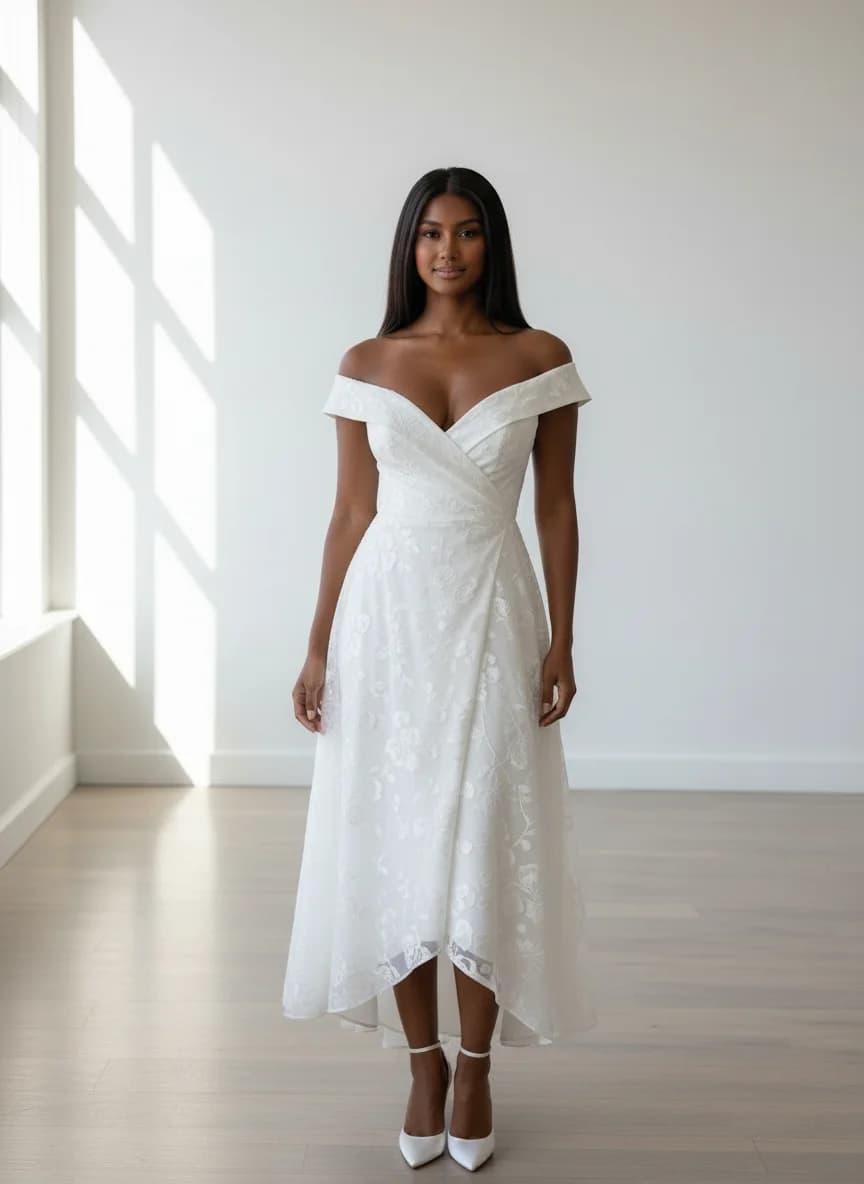 Wrap & Asymmetric dress with Tea Length and Off Shoulder neckline