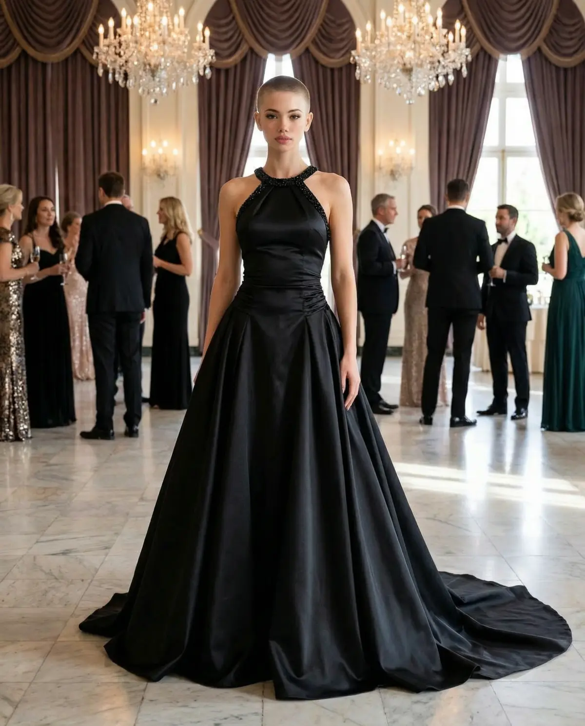 Black satin gown with cowl back at an elegant evening wedding reception
